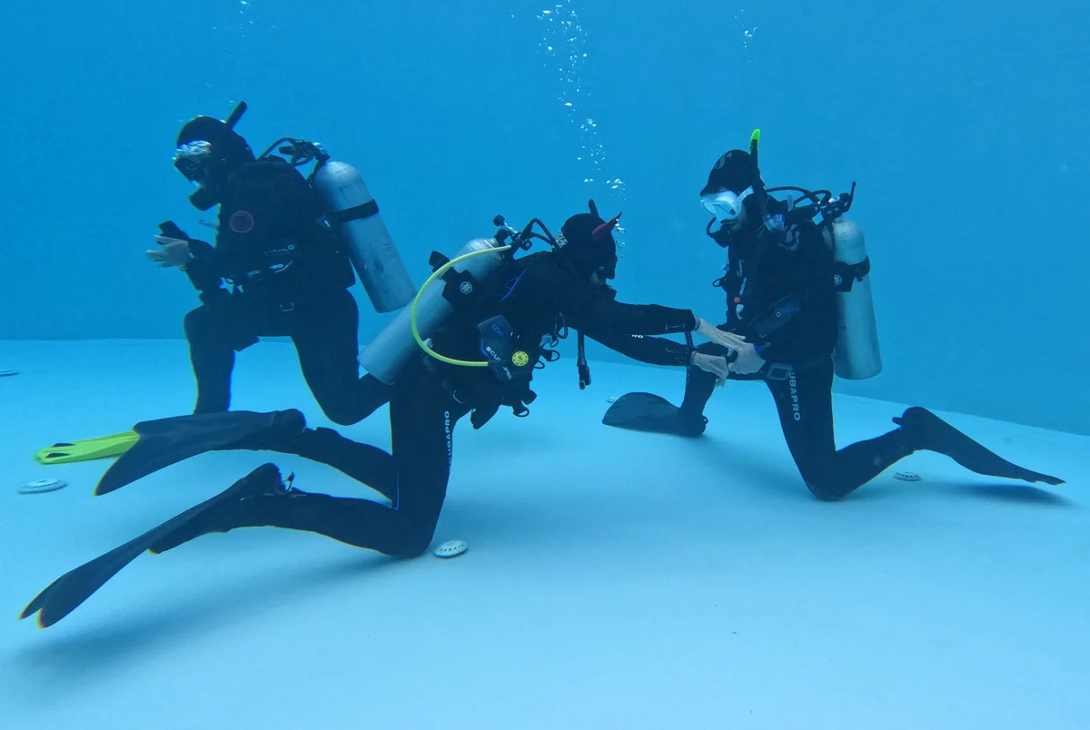 A group of divers practising underwater skills