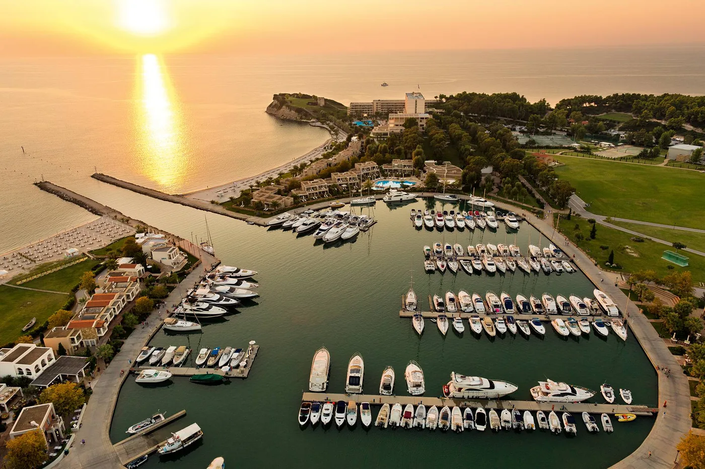 Aerial view of Sani Marina at sunset